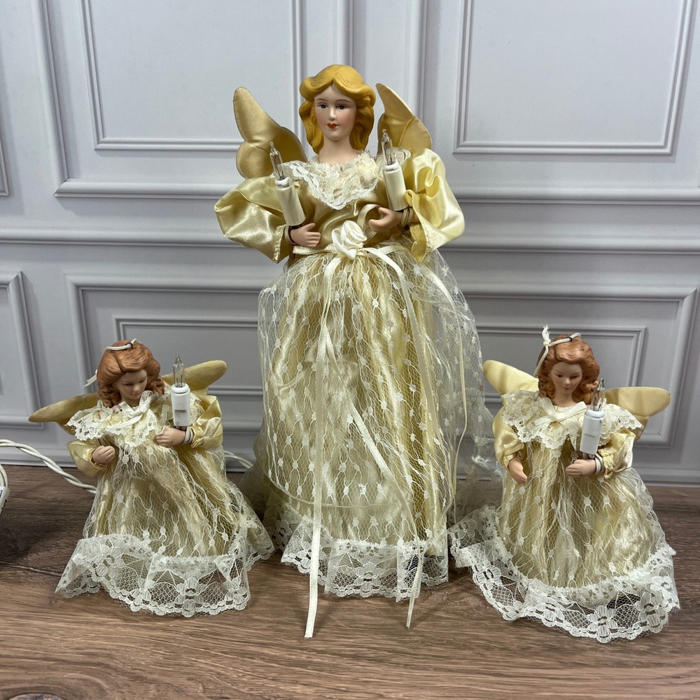 VTG Kurt Alder Lighted Angel Tree Topper Cream Gold Porcelain Lace Set of 3